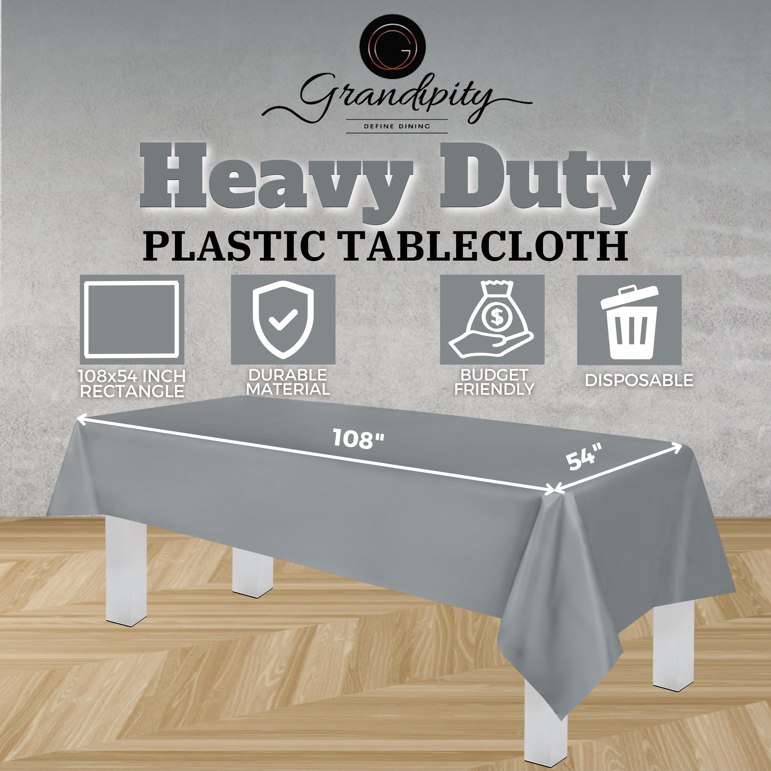 Grandipity Silver Plastic Table Cloth Disposable (6 Pk) 54In X 108In Plastic Tablecloths For Rectangle Tables - Premium Party Ta
